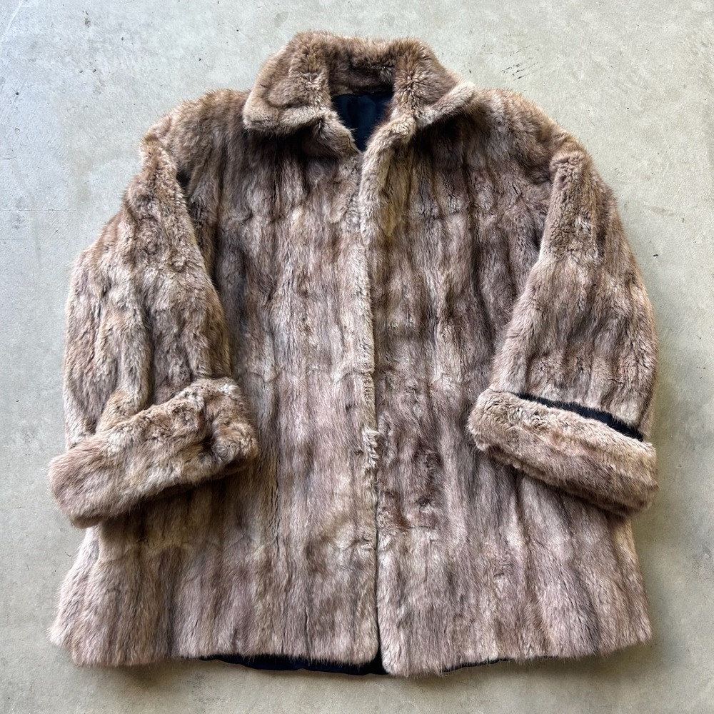 Vintage Real Fur Coat Brown Mid Length Glam Mob Wife Aesthetic Jacket